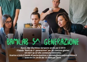 Banca Alpi Marittime, riproposto anche per il 2019 il bando 'BamLab 5° Generazione'