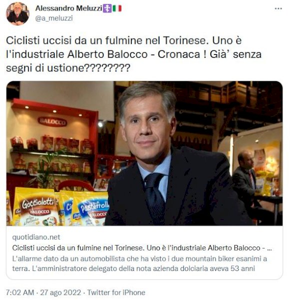 Tweet complottista di Meluzzi sulla morte di Alberto Balocco: gli utenti del social insorgono