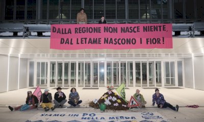 Attivisti scaricano letame di fronte al Grattacielo Piemonte, la Regione lo usa per le aiuole del palazzo